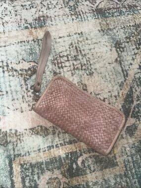 Woven Leather Wristlet Clutch in Dusty Rose